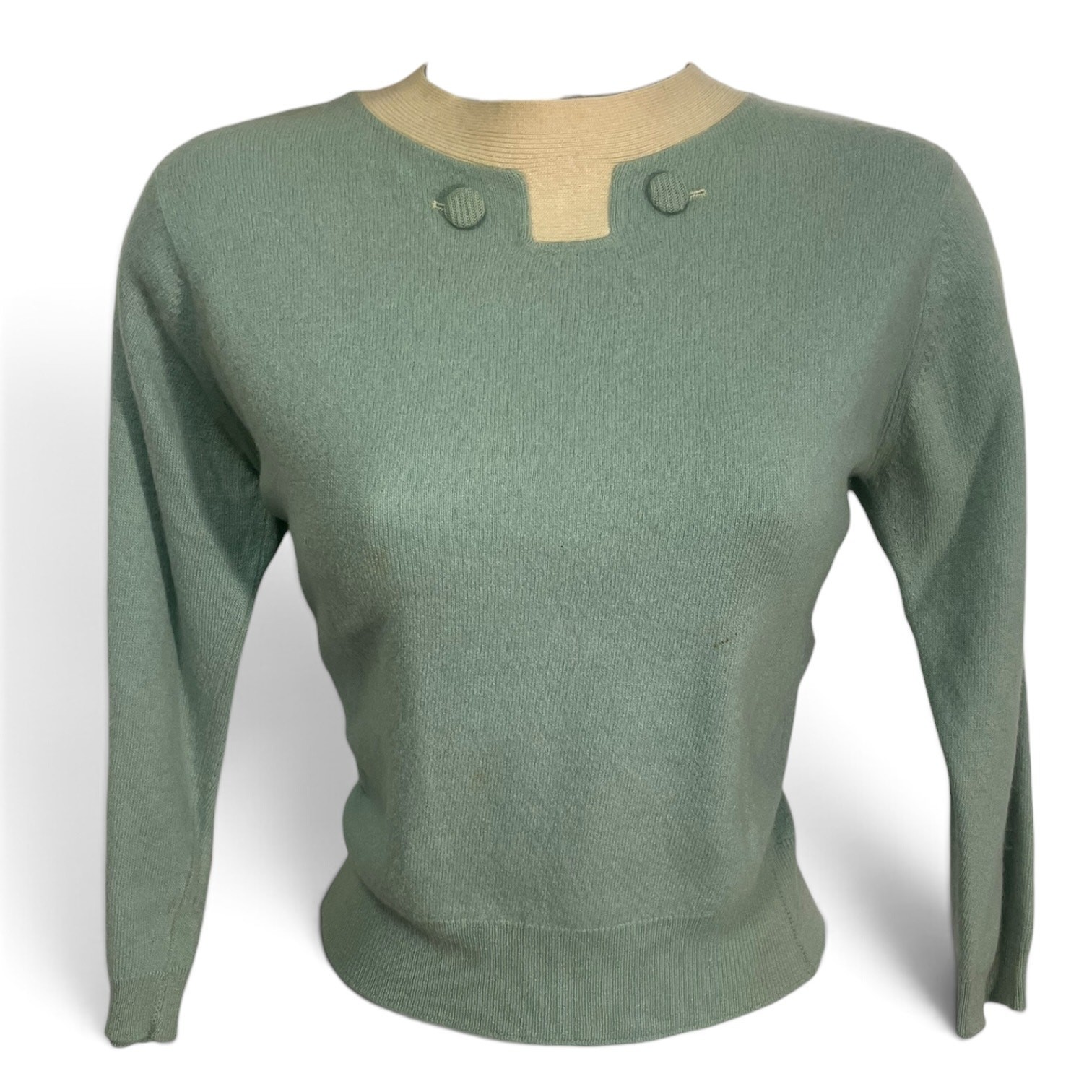 Vintage 1950s Pringle of Scotland Seafoam Green & Cream Cashmere Sweater XS