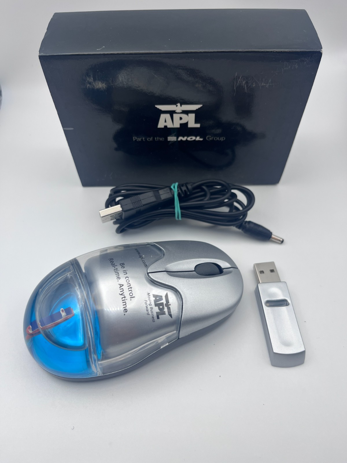 Vintage APL NOL Group Wireless Optical Mouse USB Receiver Cable Box Promo Rare