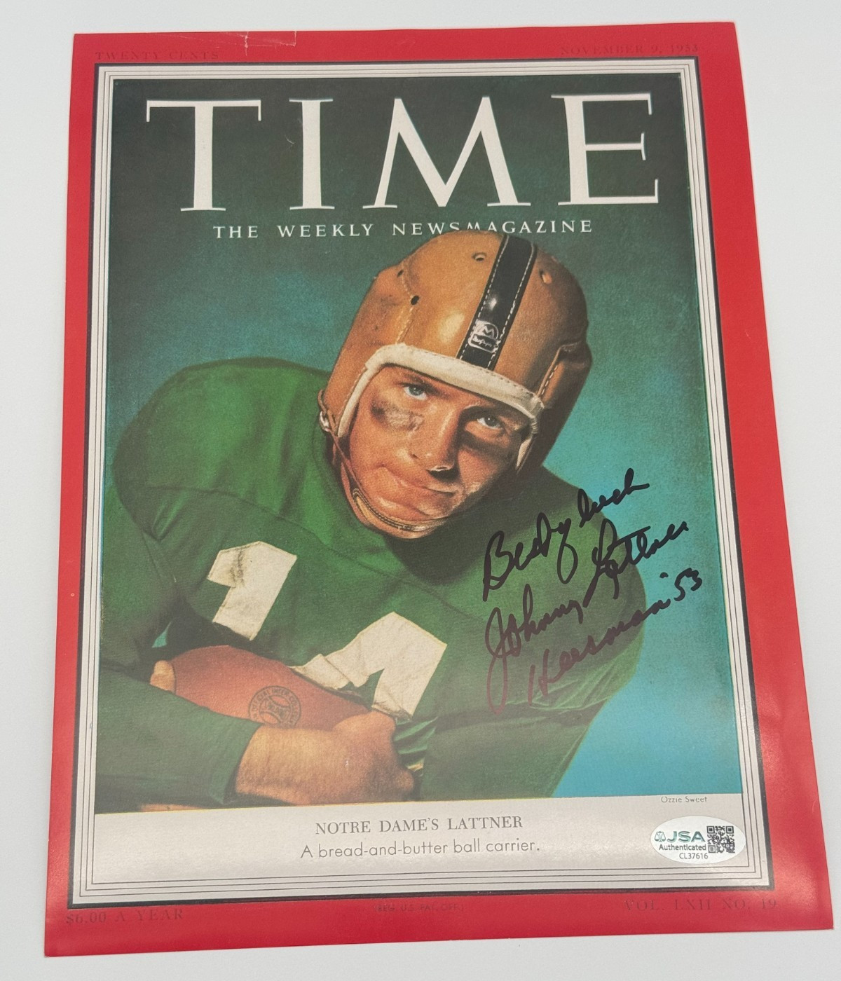 Johnny Lattner Signed REPRINT 1953 TIME Cover Notre Dame JSA Auth Heisman 53