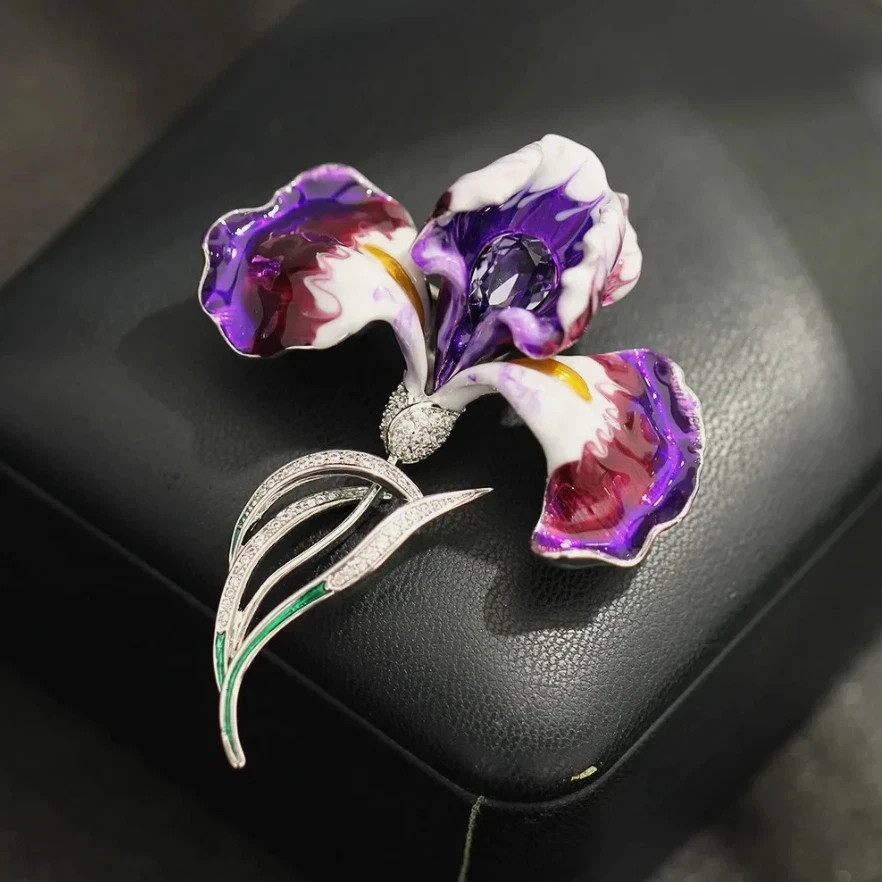 Vintage Purple Iris Brooch Pin Crystal Rhinestone Flower Statement Jewelry Gift