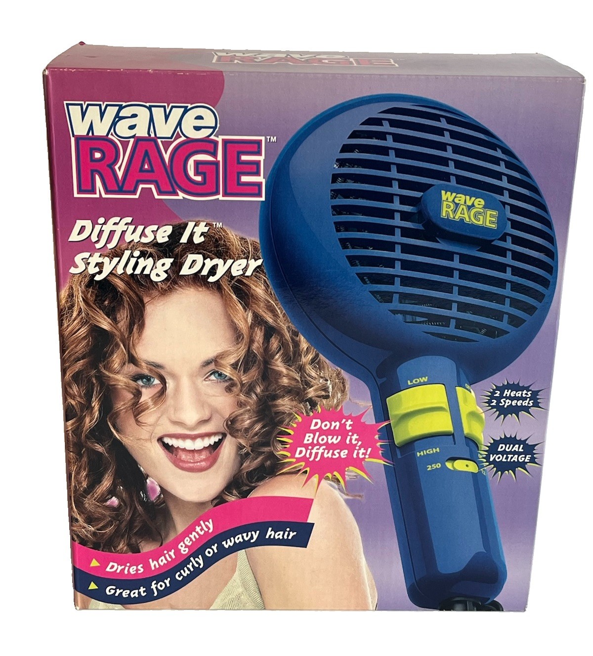 Vintage 2002 Wave Rage Diffuser Hair Dryer 2 Speeds 2 Heat Dual Voltage Y2K NIB