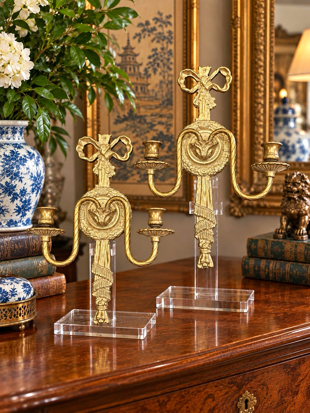 Pair Vintage Brass Wall Sconces French Louis XVI Neoclassical Bow Tassel