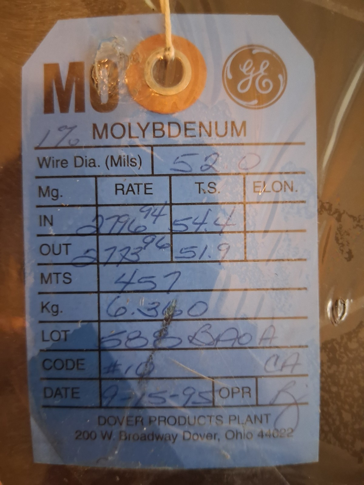 NOS General Electric Mo Grade Molybdenum Wire .052 NOS General Electric Mo Grade Molybdenum Wire .052