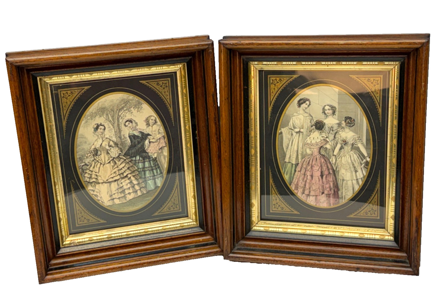 Lot 2 Antique 1850s French Fashion Victorian Hand Colored Paris Prints & Frames