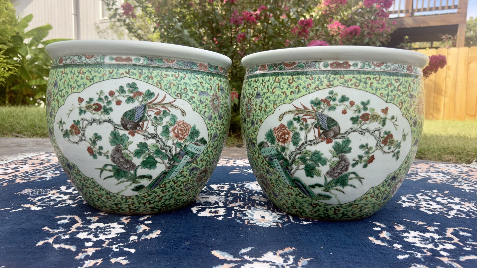 Antique 19th Century Pair of Chinese Canton Famille Verte Jardinieres Bowl Lot Antique 19th Century Pair of Chinese Canton Famille Verte Jardinieres Bowl Lot
