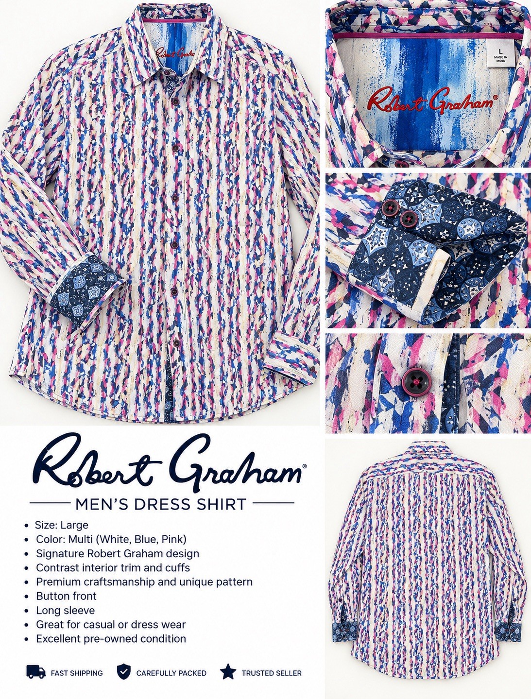 Robert Graham Men\'s L Classic Fit Cotton Abstract Dress Shirt, Contrast Trim Robert Graham Men\'s L Classic Fit Cotton Abstract Dress Shirt, Contrast Trim
