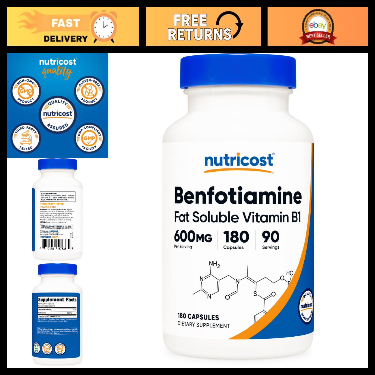 High-Potency Benfotiamine 600mg - 180 Capsules, Fat Soluble Vitamin B1 Supplemen