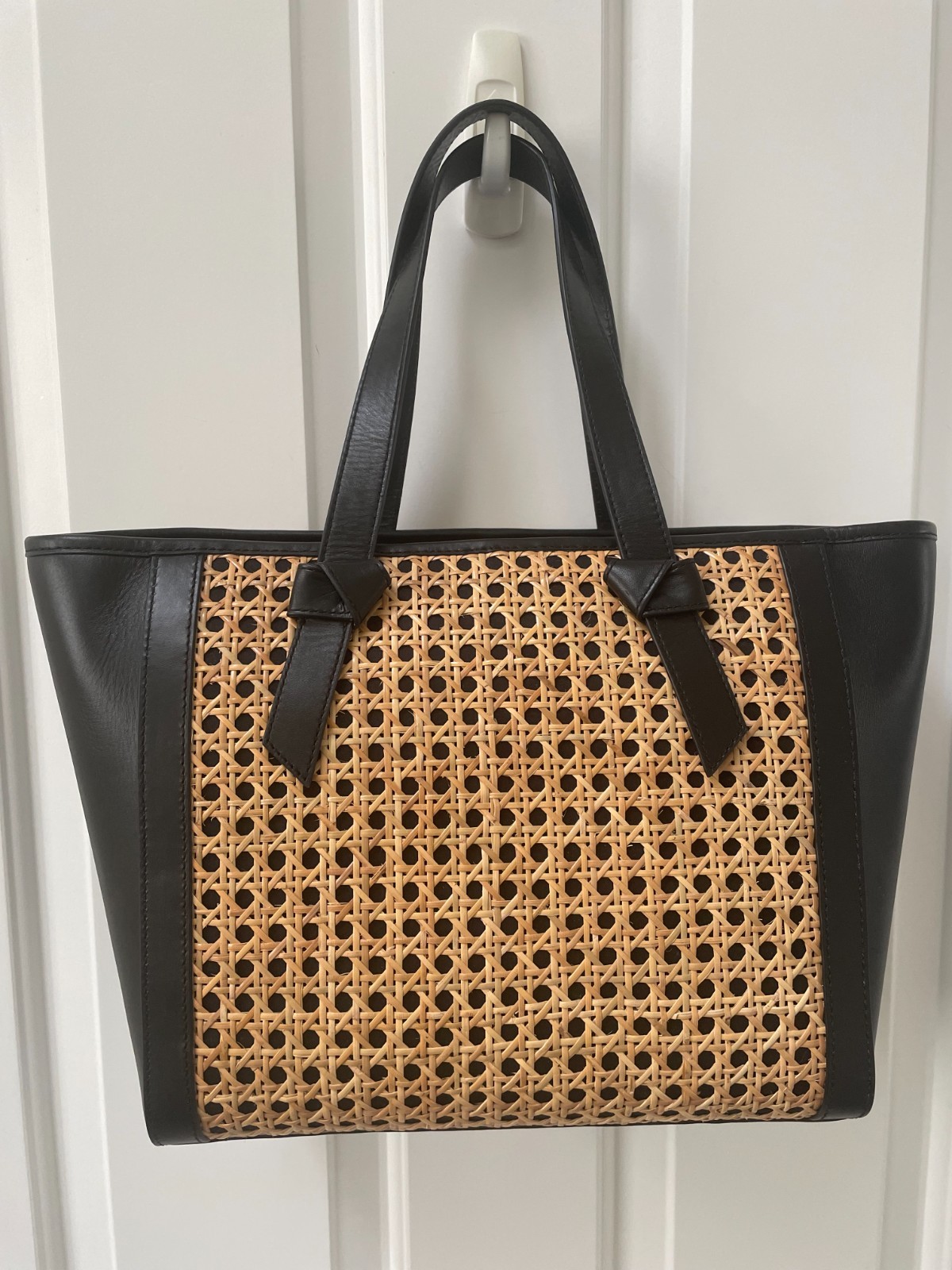 NWOT Talbots Black Leather & Tan Rattan Shoulder Bag