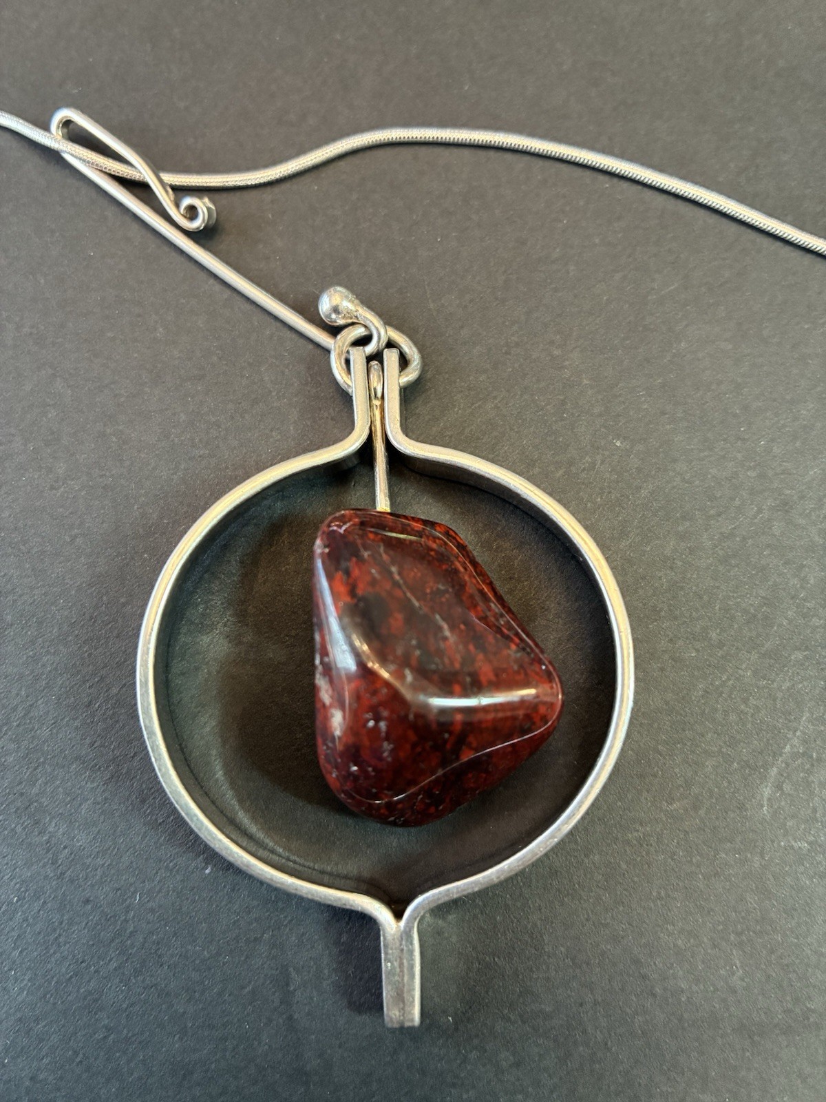 Anna Greta Eker PLUS Norway 925S Circular Frame Red Black Polish Jasper Necklace