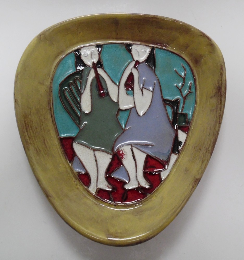 Vtg Signed Harris Strong B-75A 2 Musicians Midcentury Modern Pottery Dish Tray