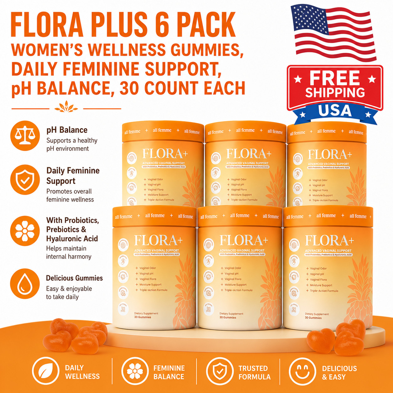 6 Pack Feminine Wellness Gummies, Daily Vaginal Care, pH & Flora Support, 30 Ct