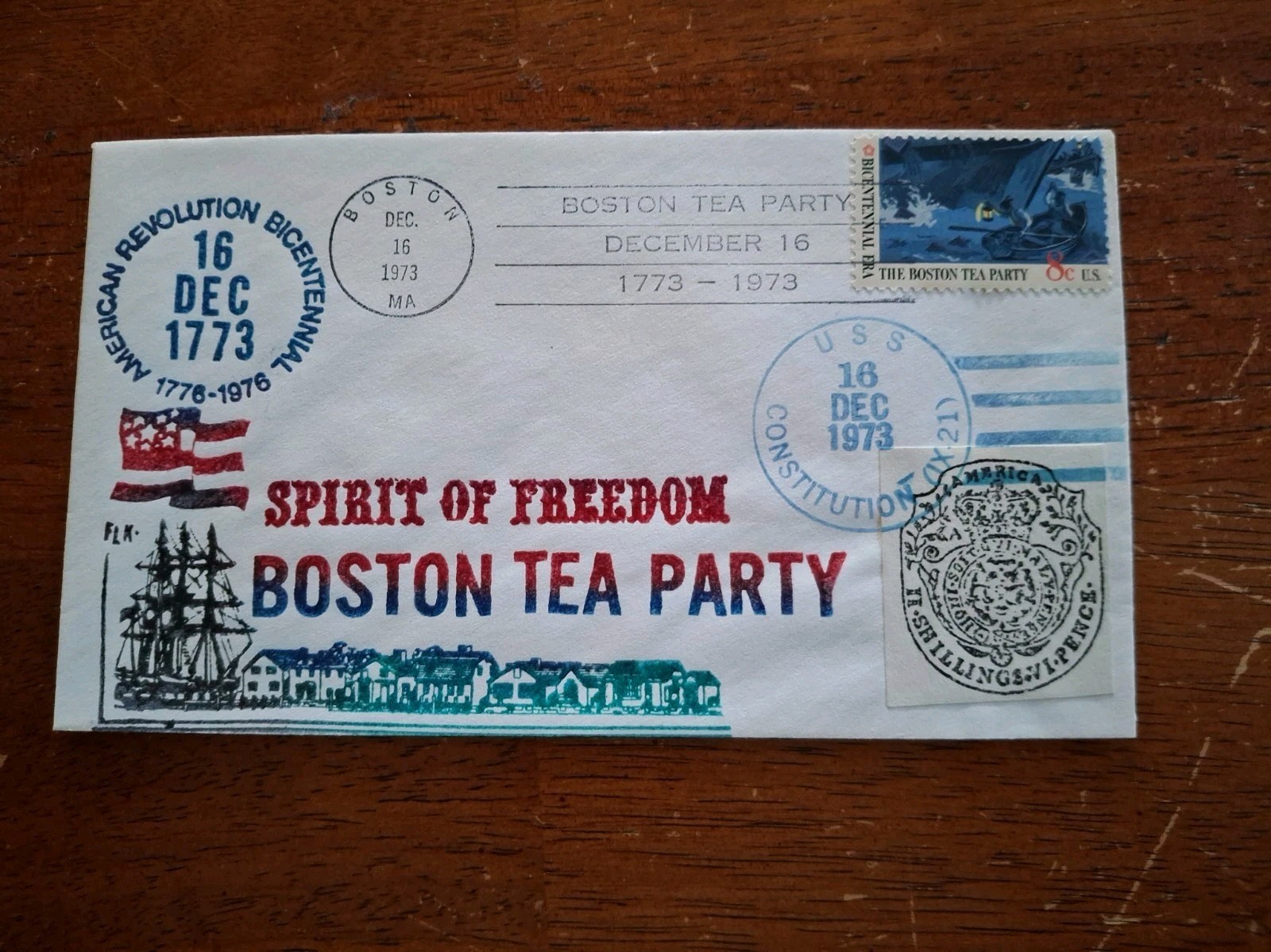 1973 USS Constitution 200th Anniv Boston Tea Party Cover with 11 Shilling 1 Penc 1973 USS Constitution 200th Anniv Boston Tea Party Cover with 11 Shilling 1 Penc