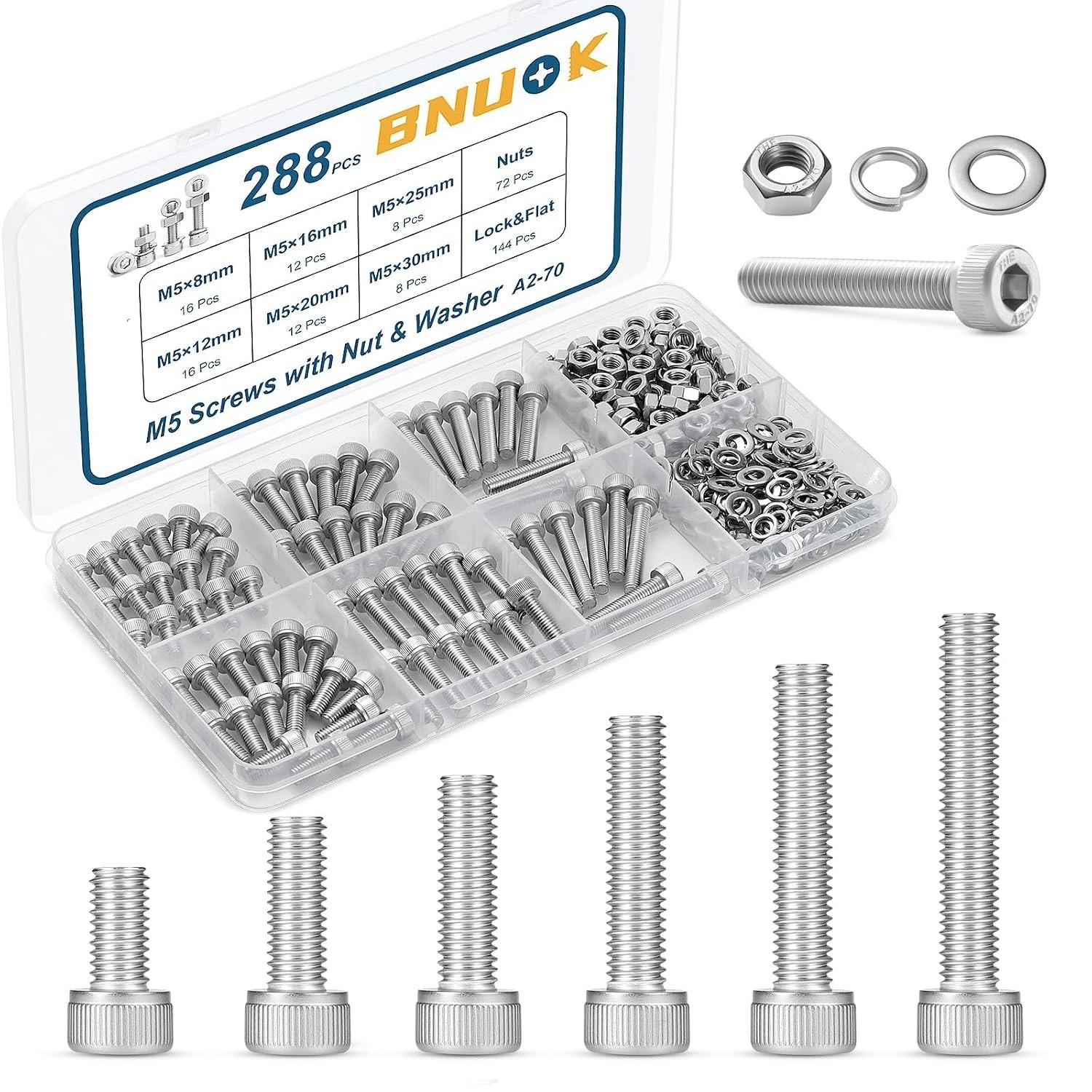288 PCS M5 Screws Assortment Kit, 304 Stainless Steel M5 Bolts Kit, M5x 8/12/...