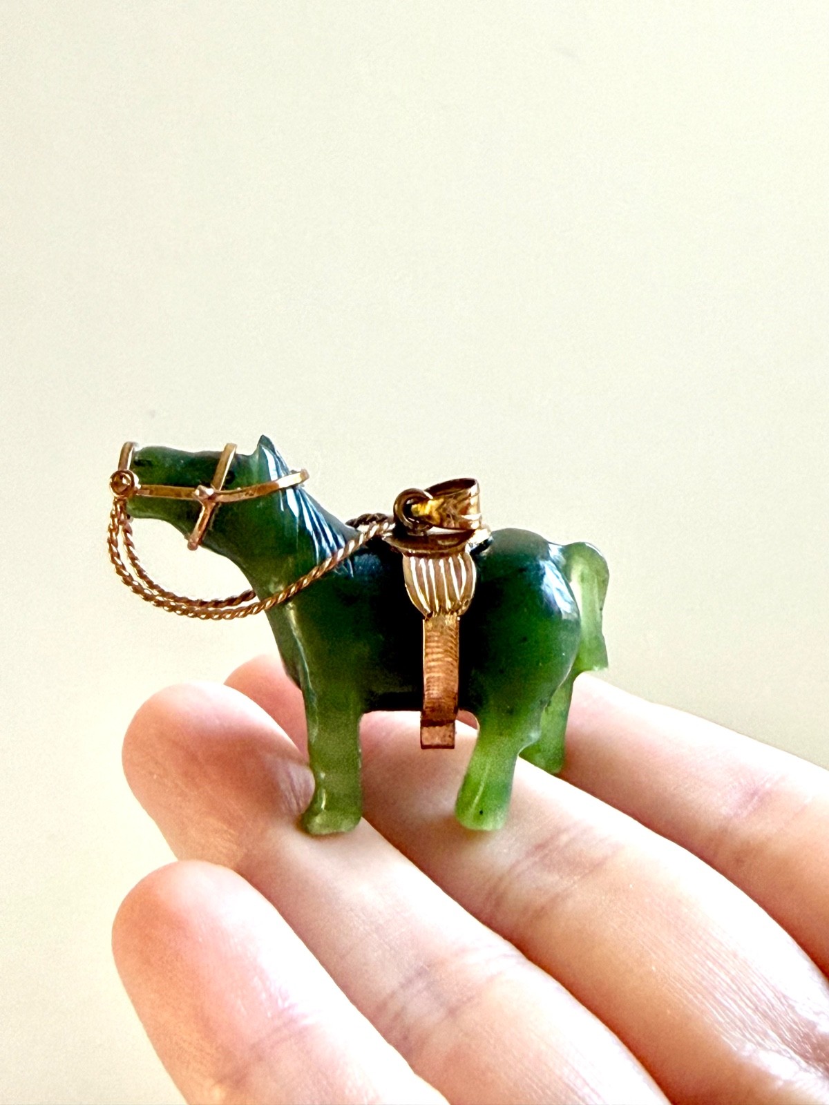 Vintage Green Carved Jade Jadeite Horse Gold Tone Pendant