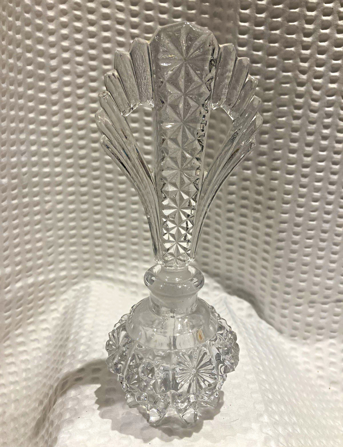 Vintage Clear Textured Cut Glass Decorative Perfume Bottle w/ Stopper, 7 in