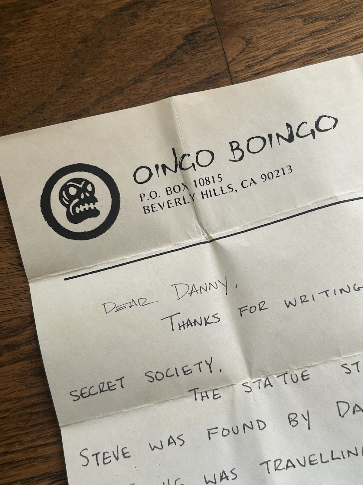 Super Rare Vintage Oingo Boingo Secret Society  Hand Written Letter From 1984