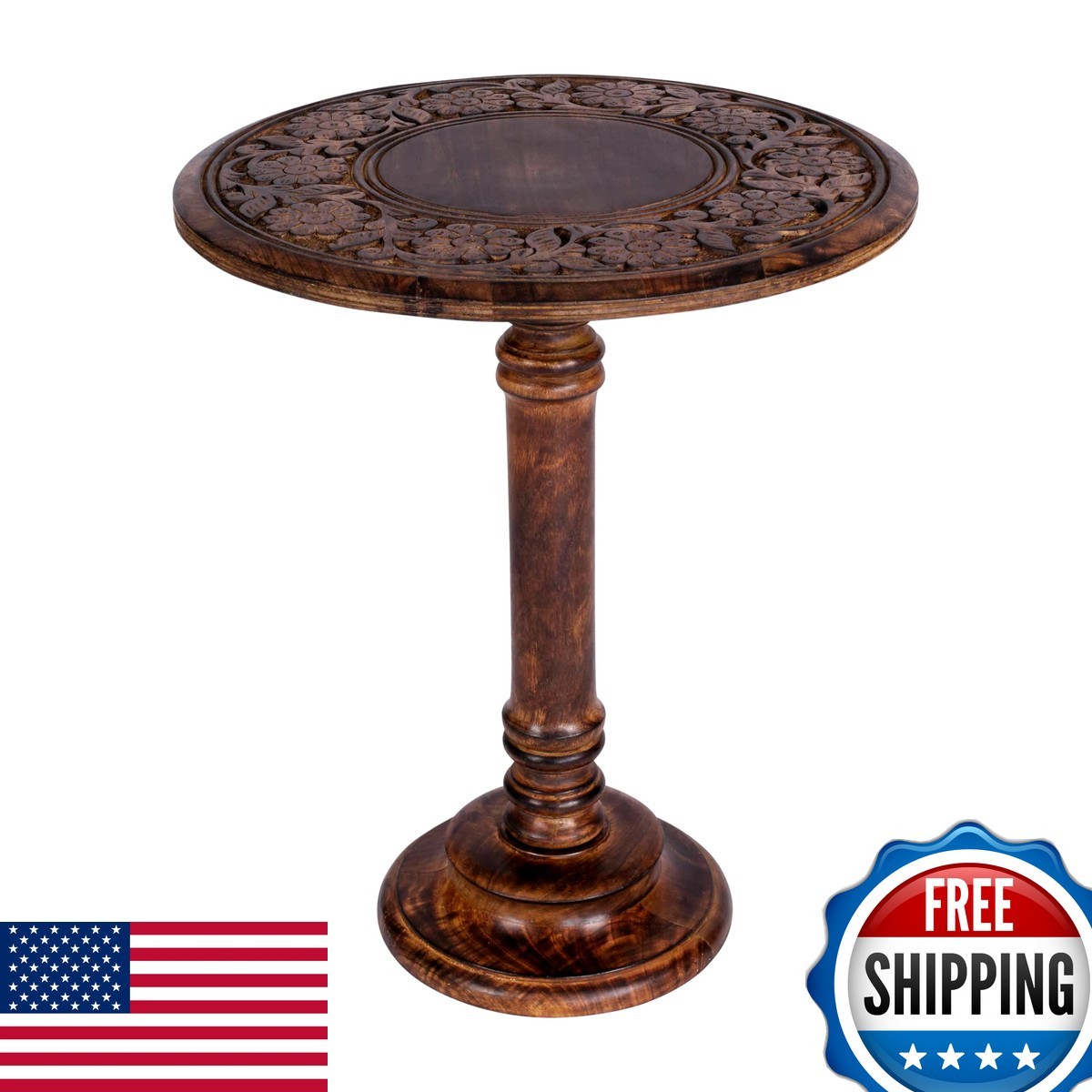 Woodify Side Table Hand-Carved Mango Wood Side Table, 18x22 5524 Woodify Side Table Hand-Carved Mango Wood Side Table, 18x22 5524