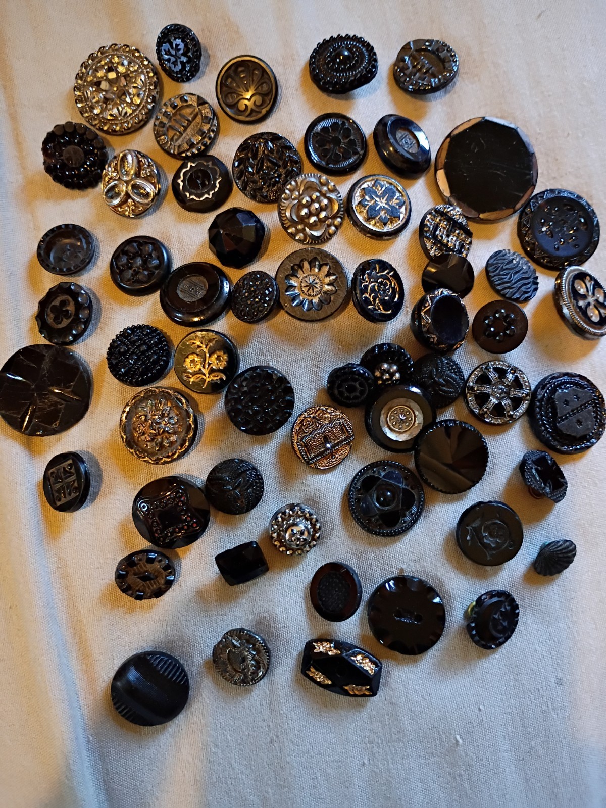 59 Antique Victorian Black Glass Mourning Buttons As Is. 59 Antique Victorian Black Glass Mourning Buttons As Is.