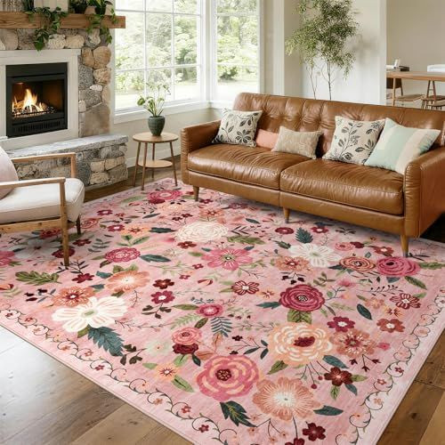 8x10 Washable Area 8\' x 10\' (Rectangular), Dusty Pink, Coral, Cream and Green