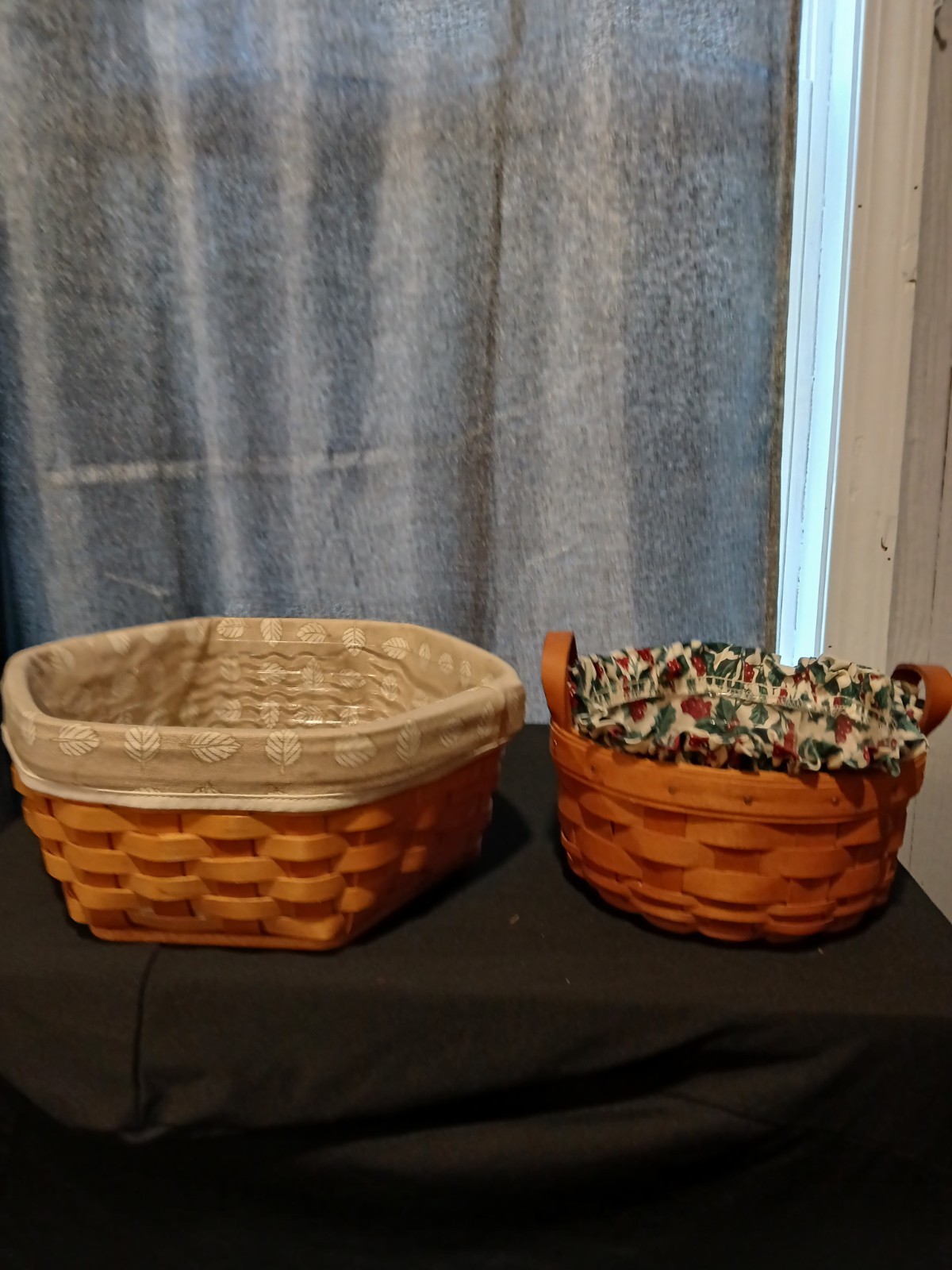 Lot Of 2 Vintage Longaberger Baskets With Cloth & Plastic Liner Lot Of 2 Vintage Longaberger Baskets With Cloth & Plastic Liner