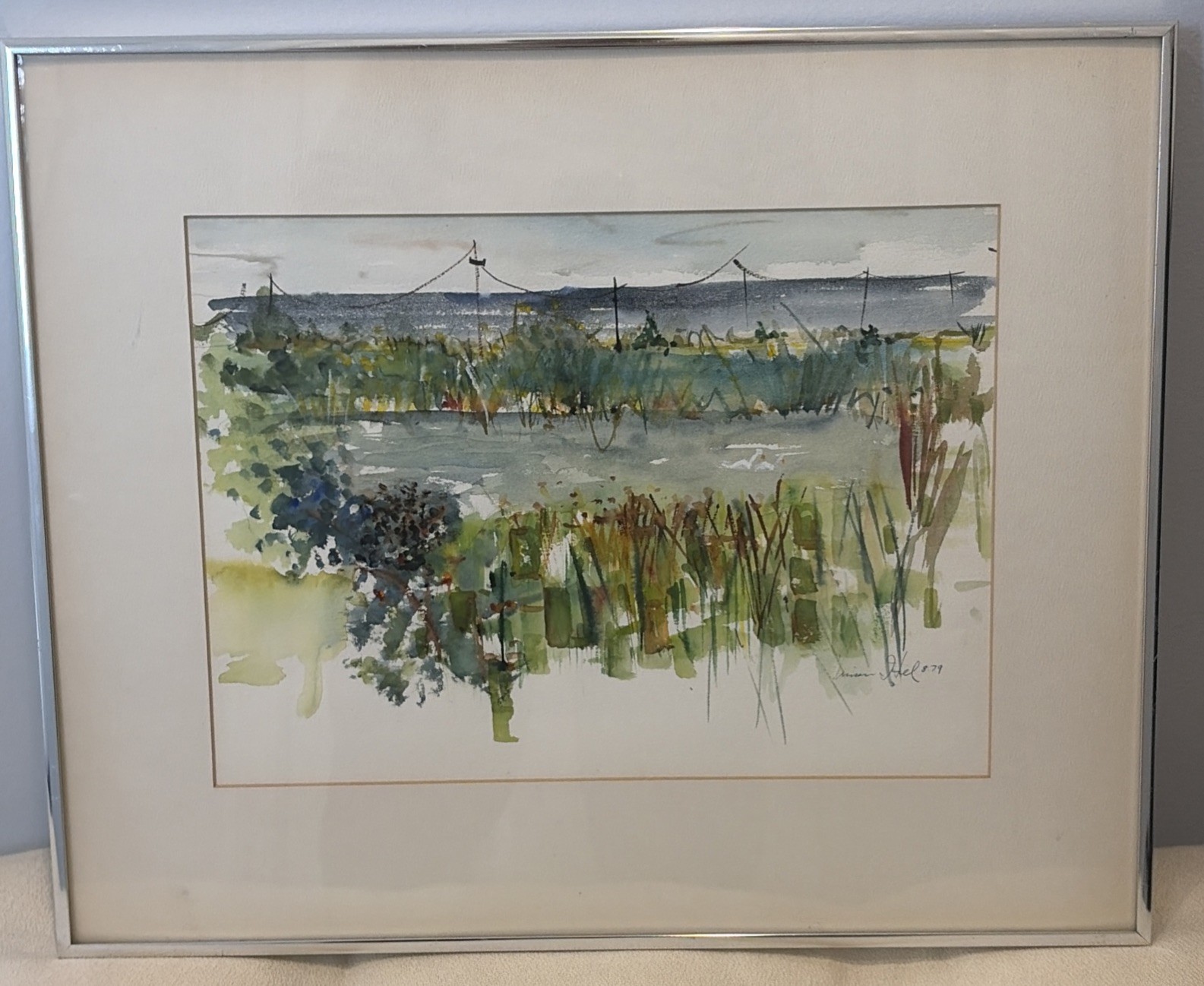 1979 Framed Water Color Painting of Oyster Pond Marsh by Vinson Hill Metal Frame