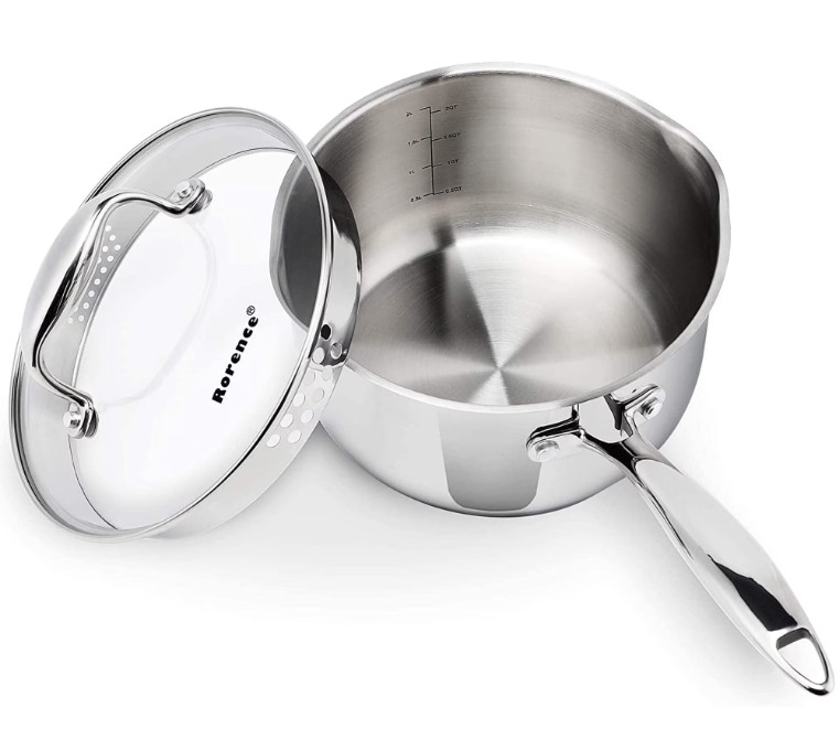Cazo Acero Inoxidable 2,5QT Tapa Vidrio Templado Picos Vertido Base Cápsula