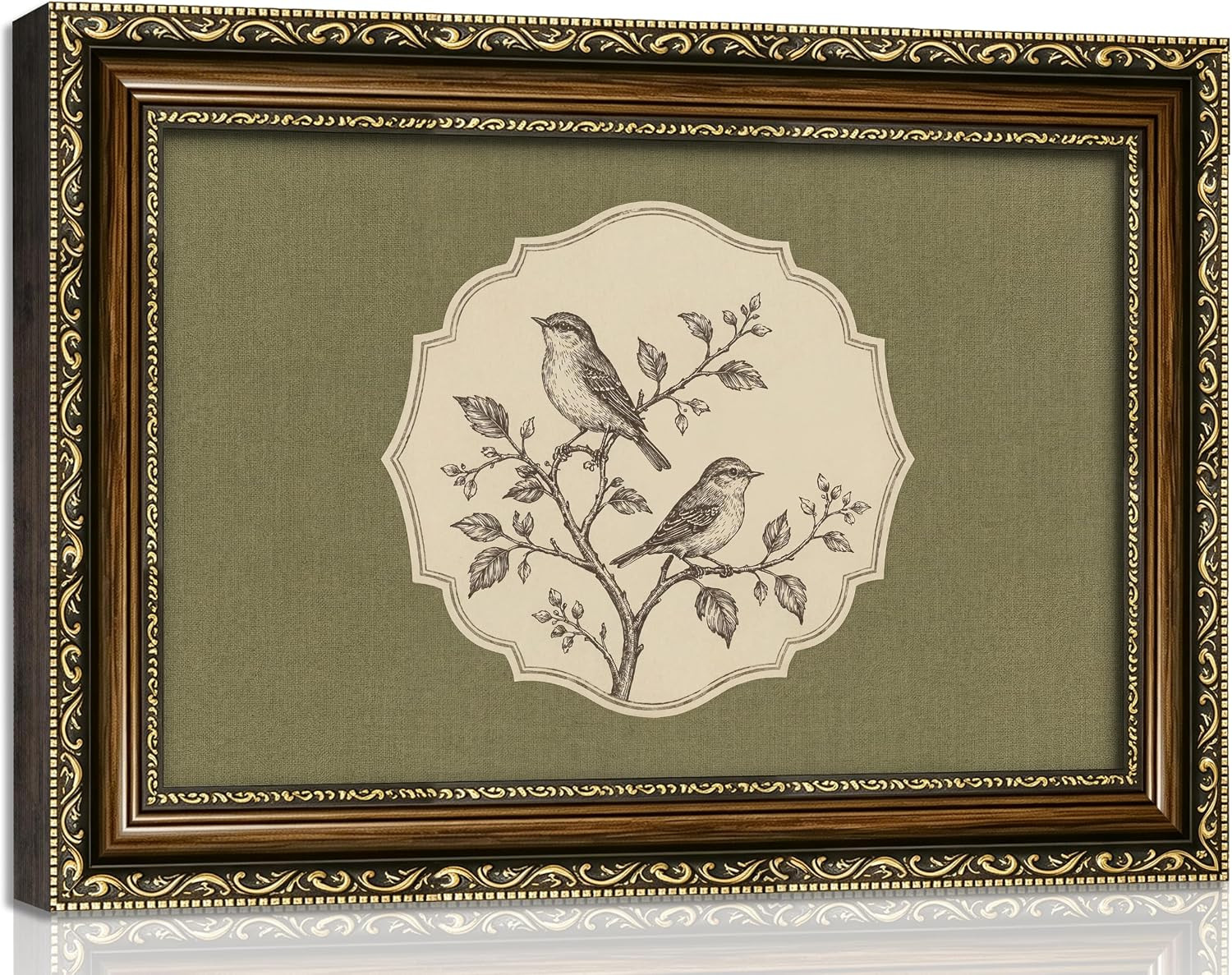 Vintage Gold Framed Bird Sketch Wall Art, Neutral Green Floral Botanical Sparrow