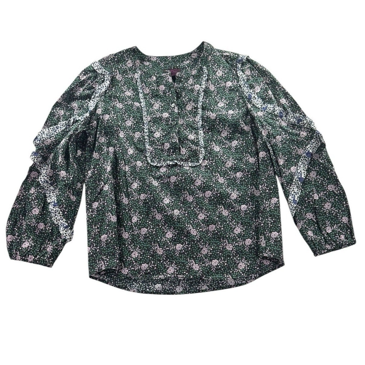 J.Crew x Liberty Fabric Floral Ruffle Sleeve Blouse S Green Preppy Cotton Top