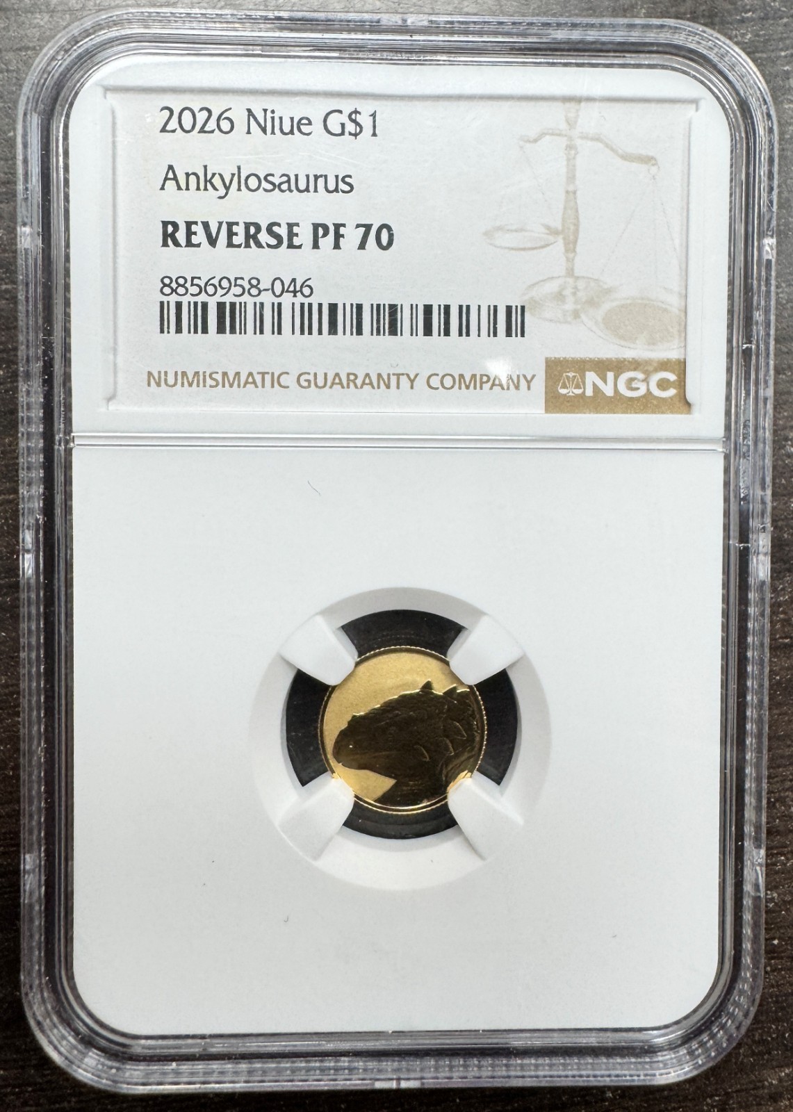 2026 Niue $1 Gold Ankylosaurus 1 Gram 22K NGC Reverse PF70 Dinosaur