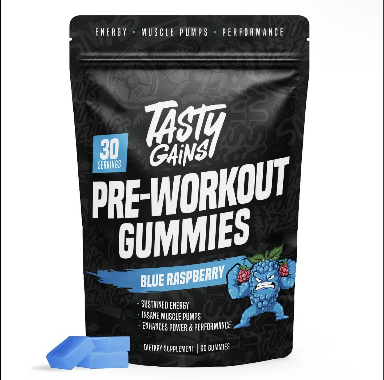 Tasty Gains Pre-Workout Gummies Blue Raspberry Dietary Supplement 30 Servings Tasty Gains Pre-Workout Gummies Blue Raspberry Dietary Supplement 30 Servings
