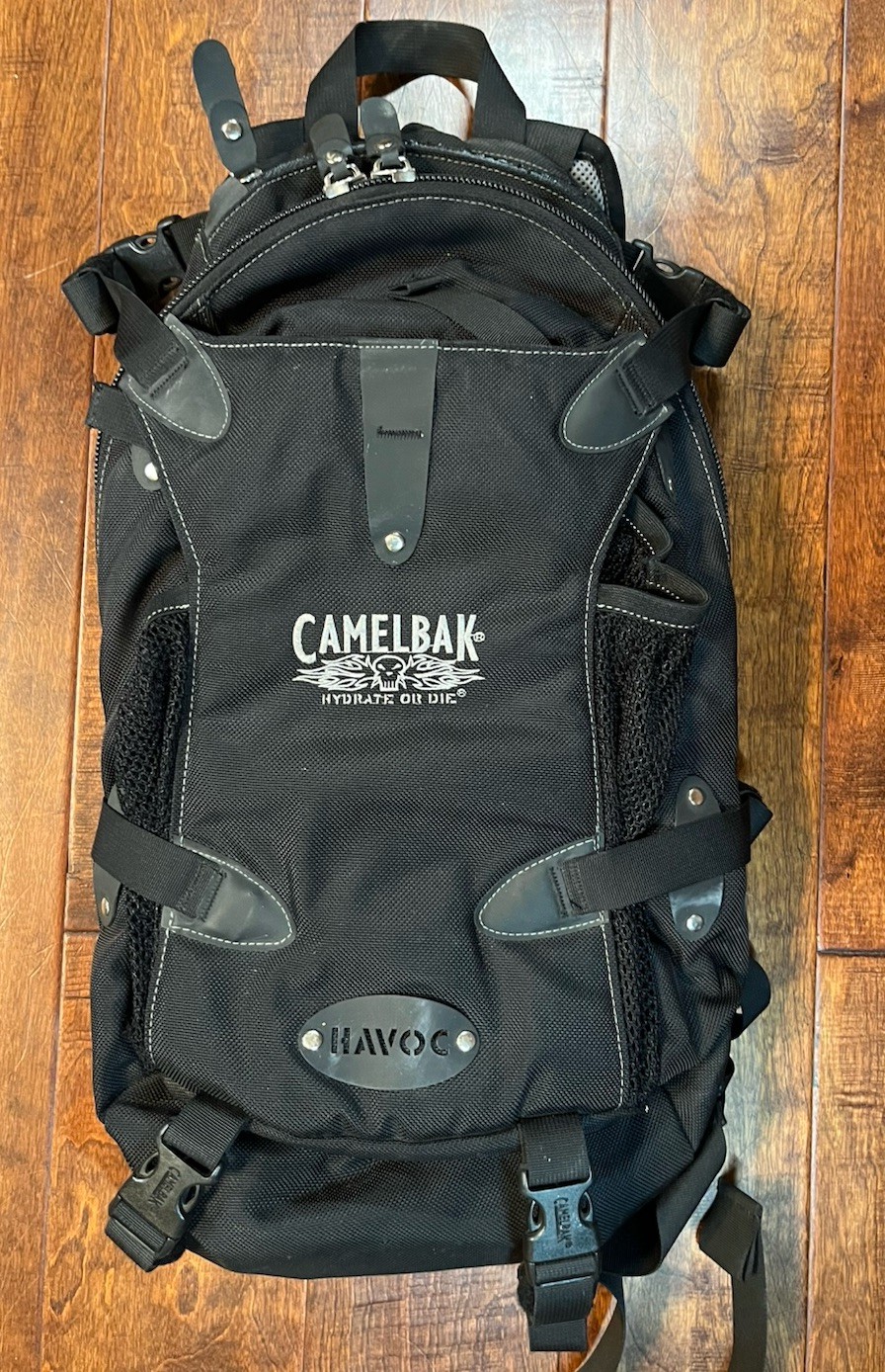 Vintage Y2K CamelBak Havoc Outlaw Backpack Black Hydrate Or Die Skull No Bladder