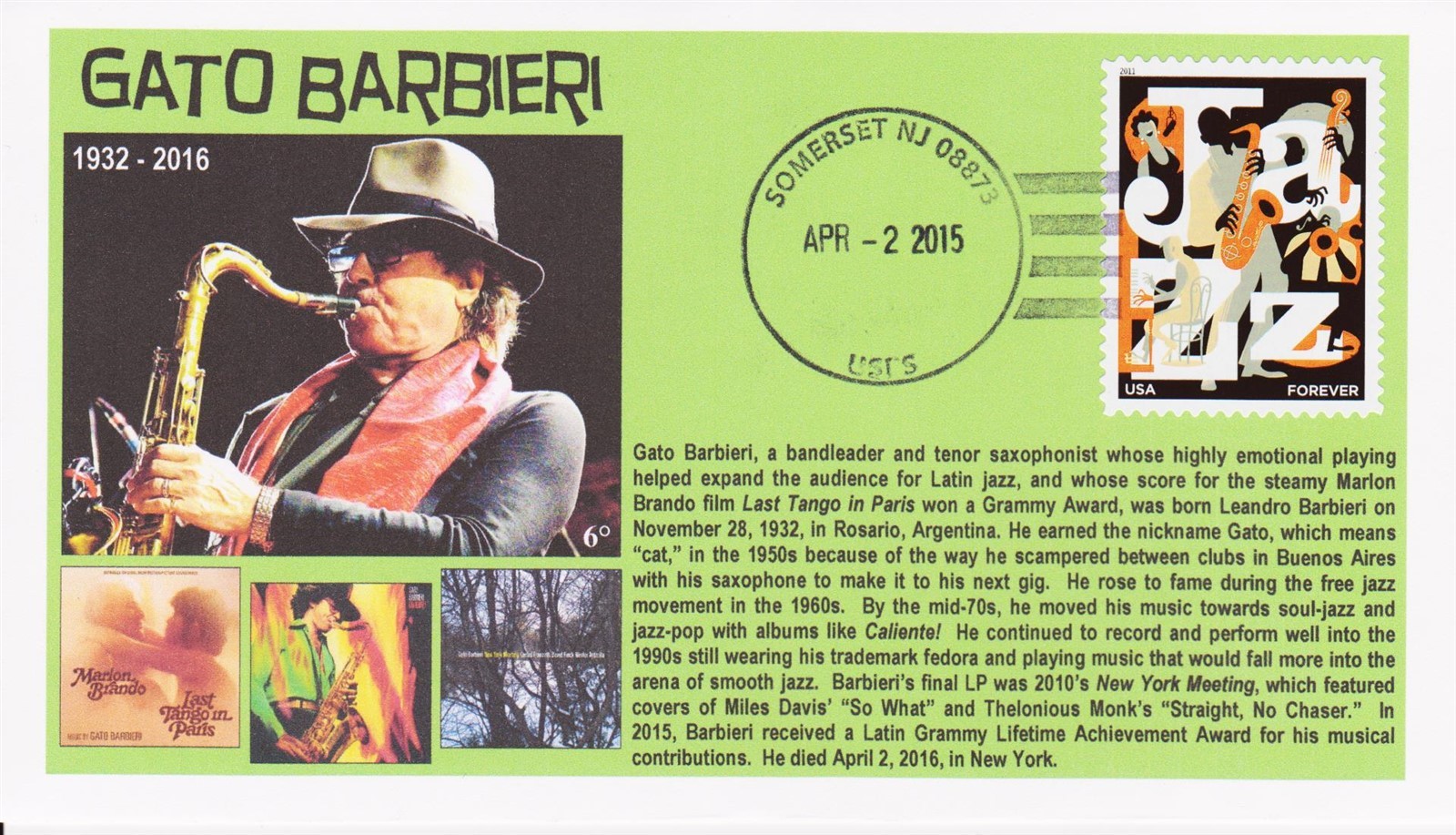 6° Cachets Gato Barbieri Jazz Saxophonist Memorial Cover 