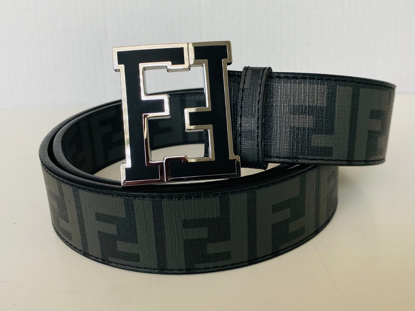 Fendi Belt Black/Gray Zucca Print FF-Buckle Size 36-40