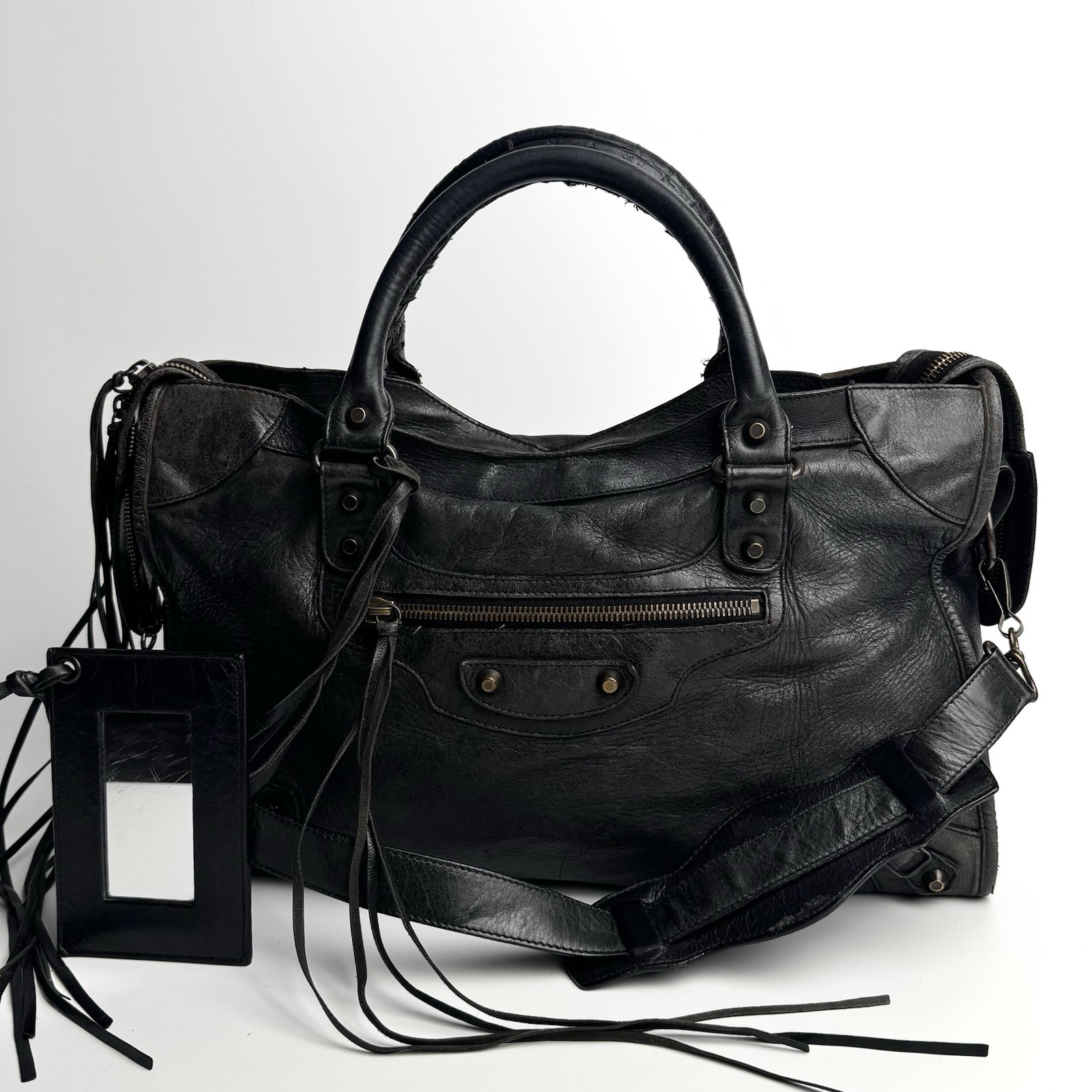 BALENCIAGA The City 115748 Black Leather 2Way Shoulder Bag Handbag Auth Y2K