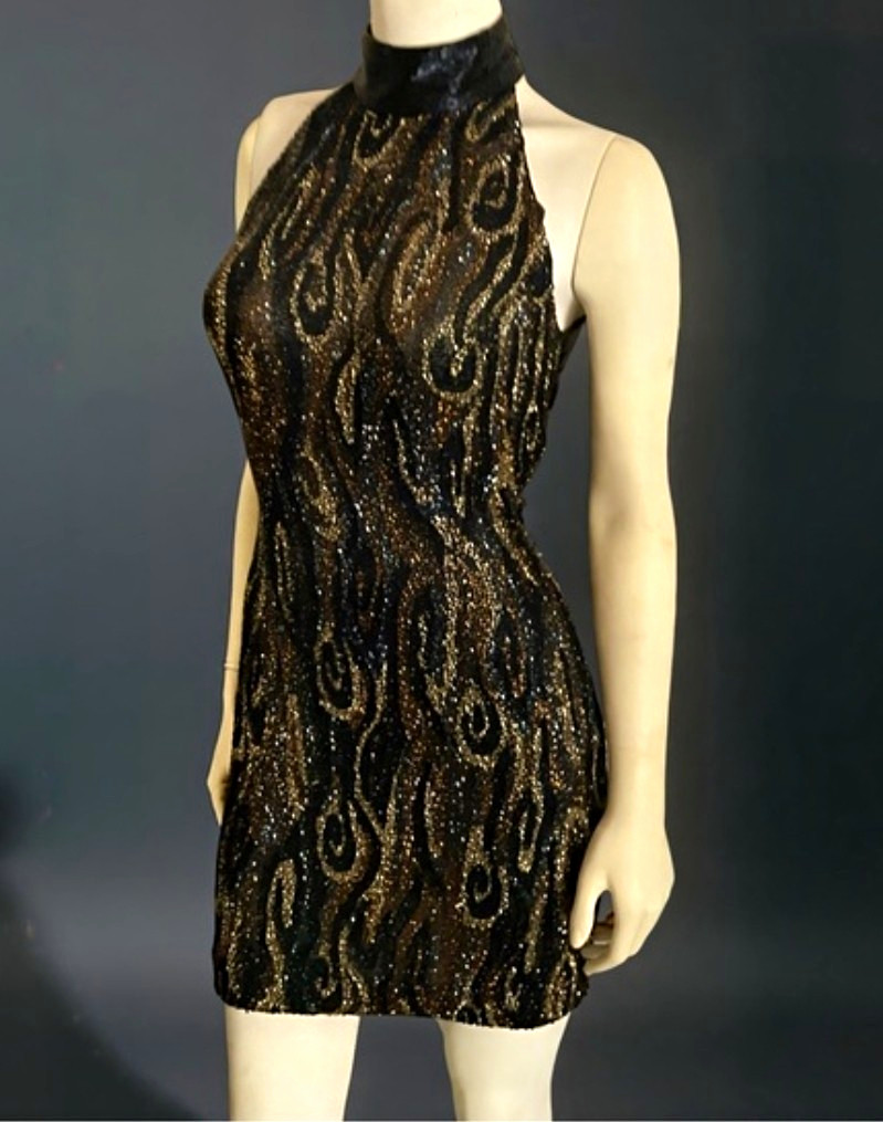 1980s Vintage Black Tie Oleg Cassini Black/Gold Beaded Halter Mini Dress 6