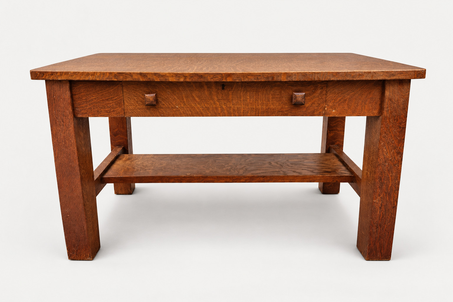 Antique Quarter Sawn Oak Mission Library Table w/ Drawer & Glass Top Office