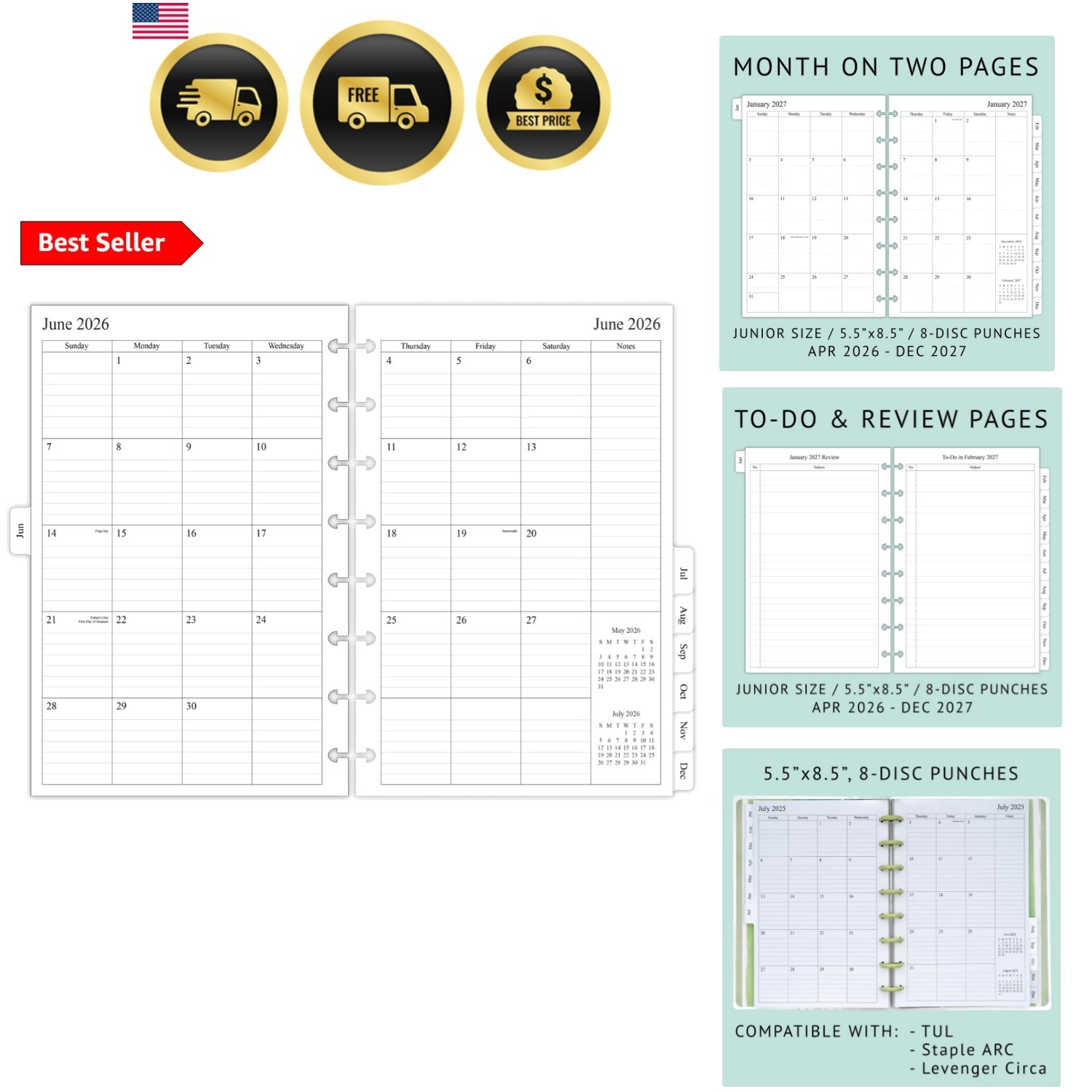 2026-2027 Monthly Planner Refill for 8-Discbound Notebook, Two Pages Per , Ju...