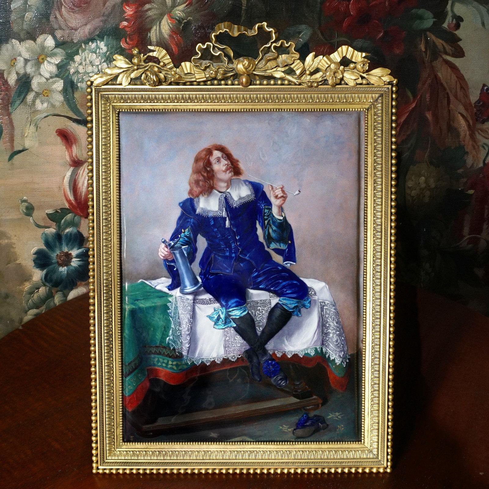 Antique French Limoges Enamel Copper Plaque Cavalier Miniature Portrait Bronze