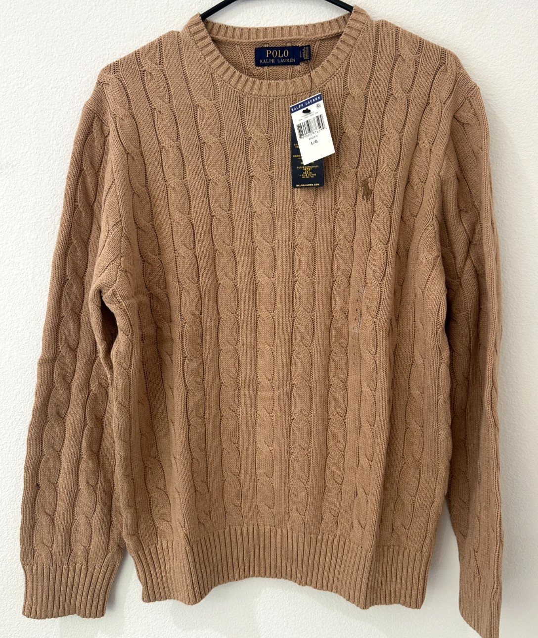 Polo Ralph Lauren Men\'s Cable Knit Cotton Crewneck Sweater Brown Pony L