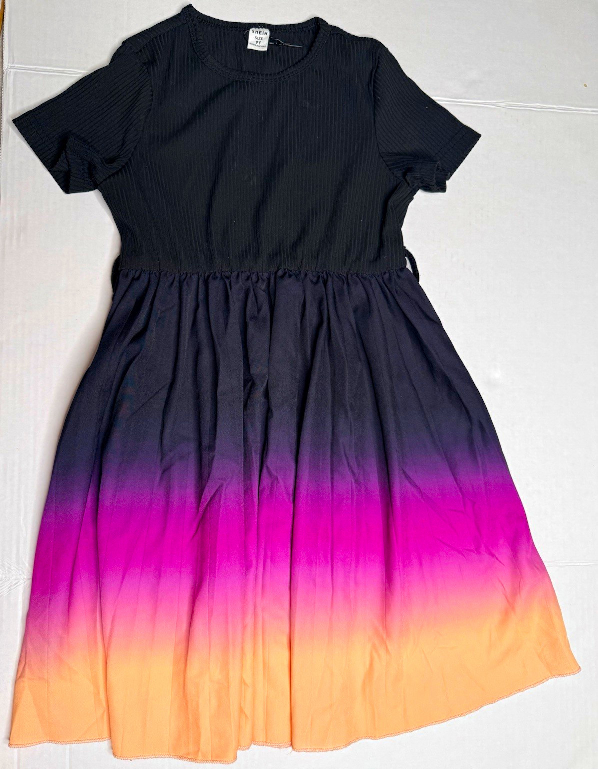 SHEIN Girls Black Purple Orange Colorblock Knit Dress Short Sleeve Sz 9-10 SHEIN Girls Black Purple Orange Colorblock Knit Dress Short Sleeve Sz 9-10