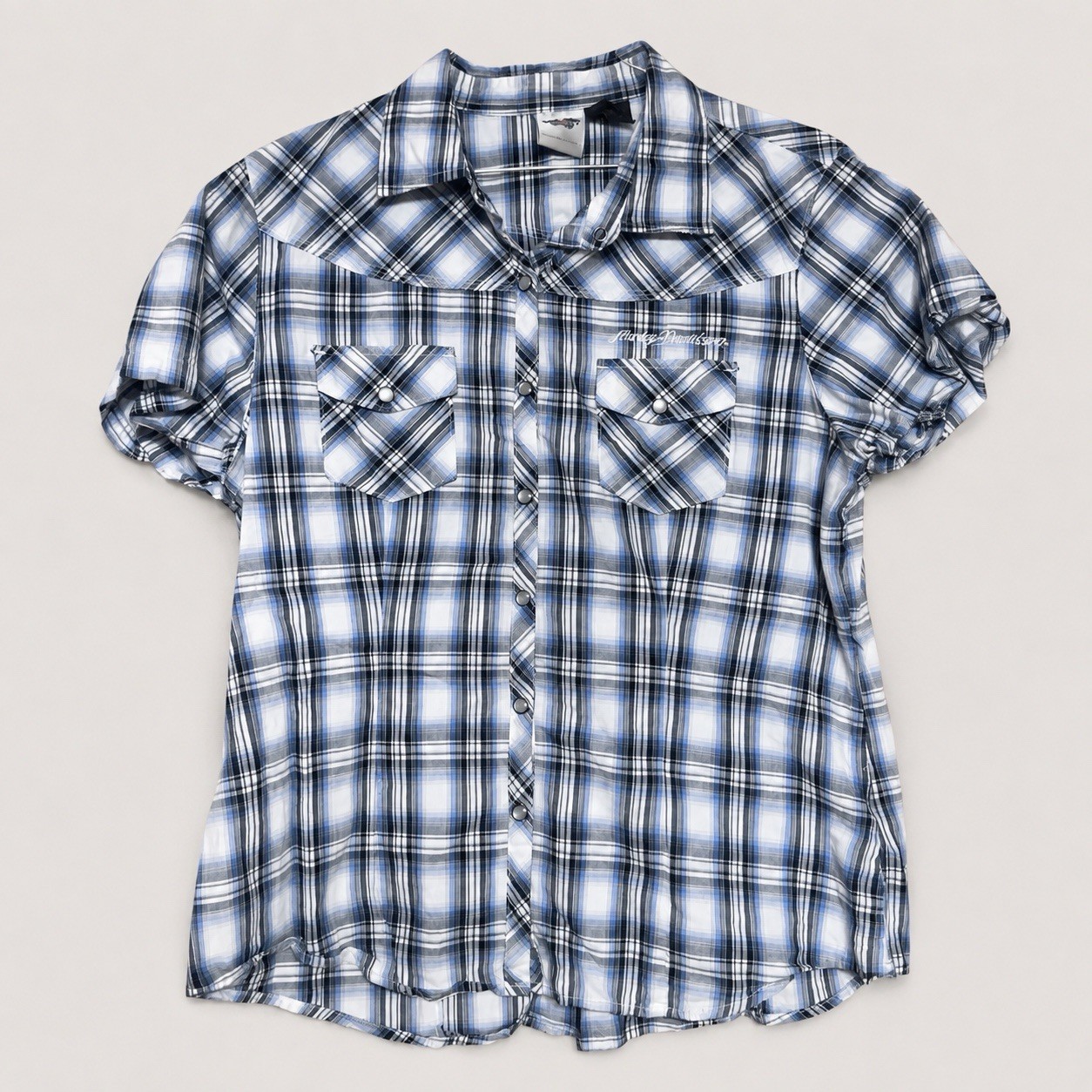 Harley-Davidson Women’s XL Blue Plaid Pearl Snap Rhinestone Wing Shirt