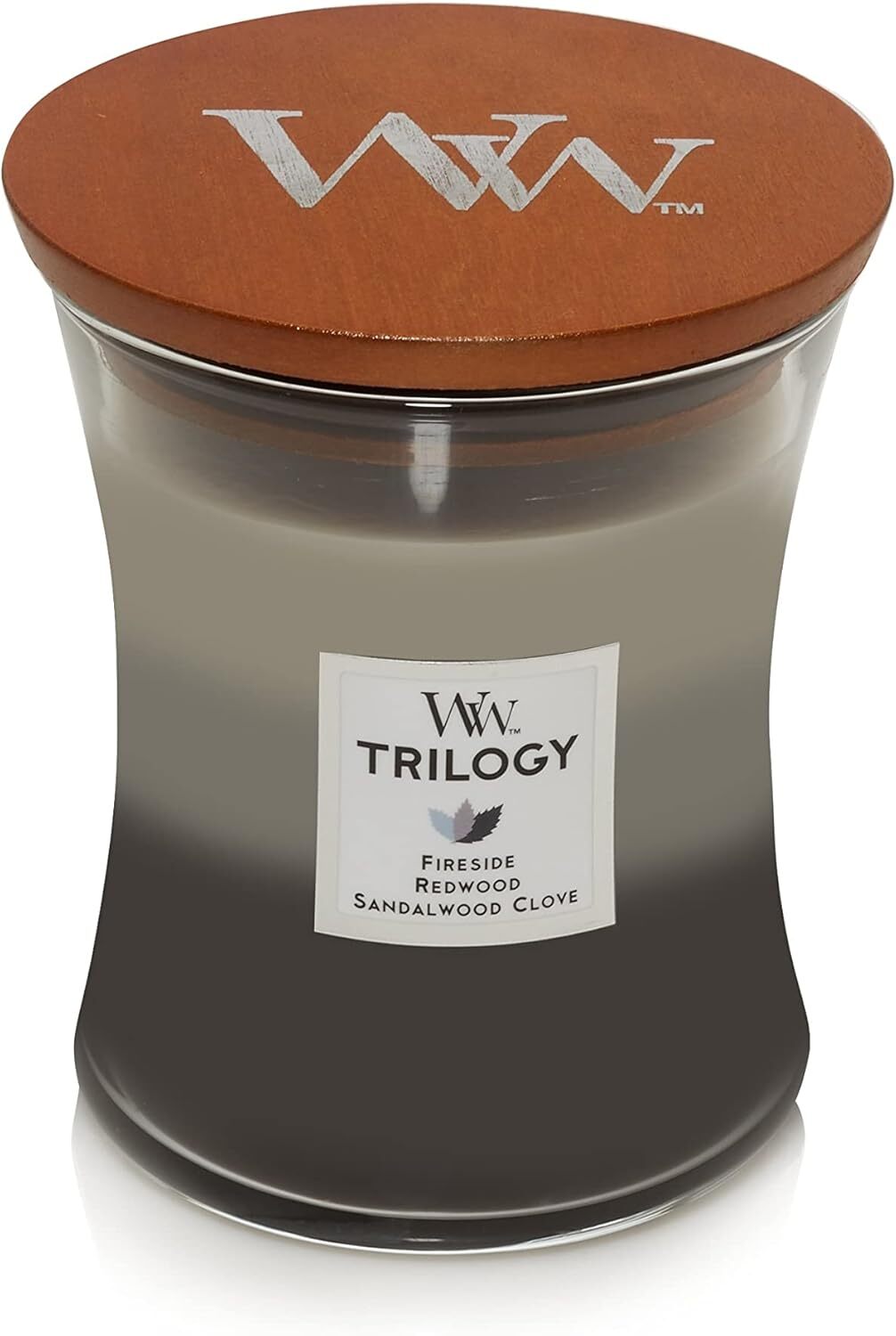 Woodwick Medium Trilogy Warm Woods Candle Fireside Redwood Sandalwood Clove