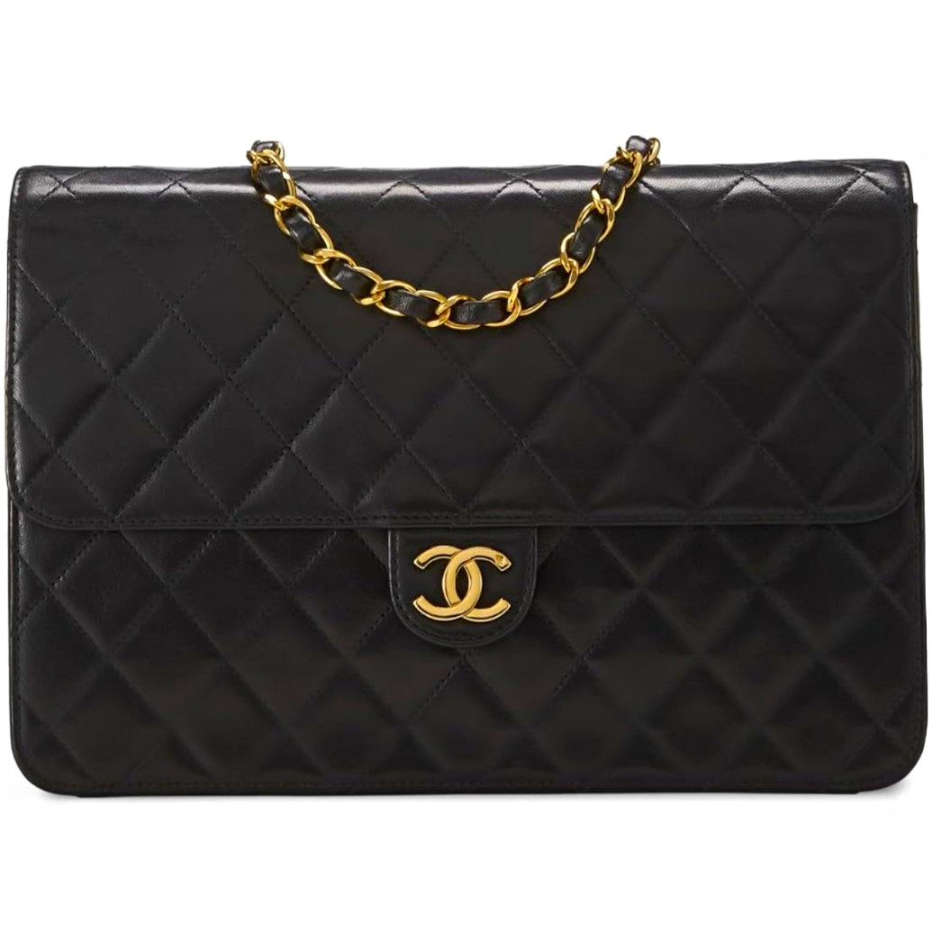 CHANEL Classic Single Flap Medium Black Quilted Leather Gold Chain Shoulder Bag