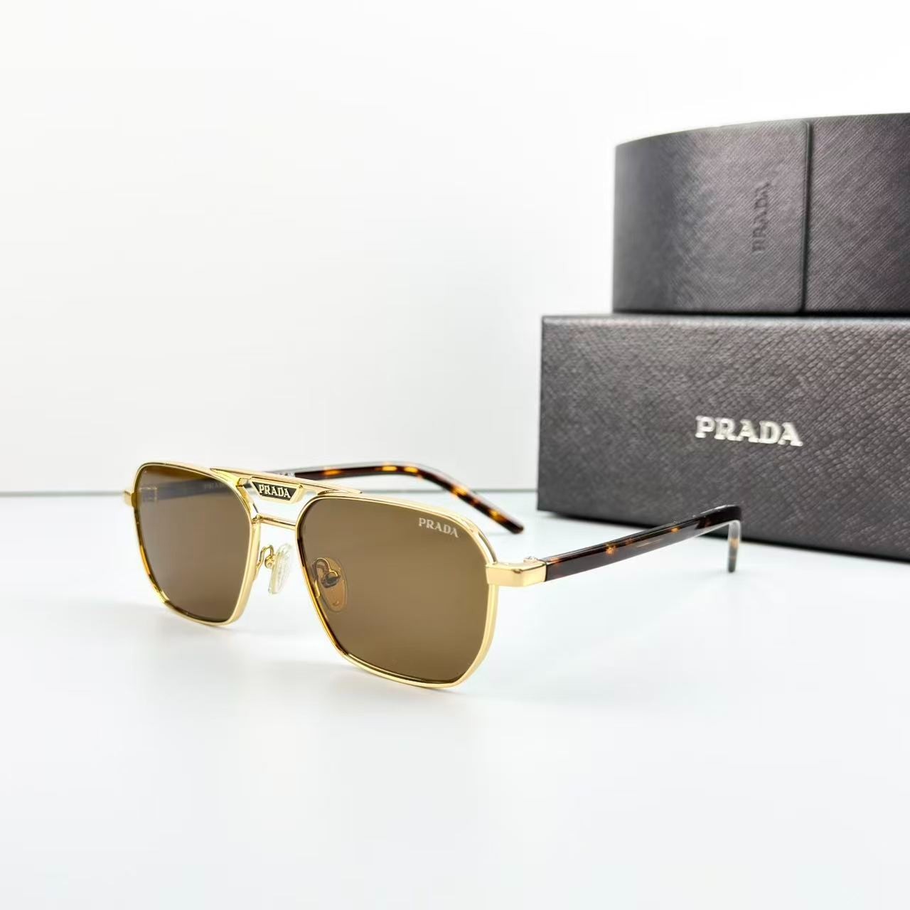 Prada SPR 58Y Sunglasses Gold Metal Frame Brown Lens Tortoise Temples New w/ Box