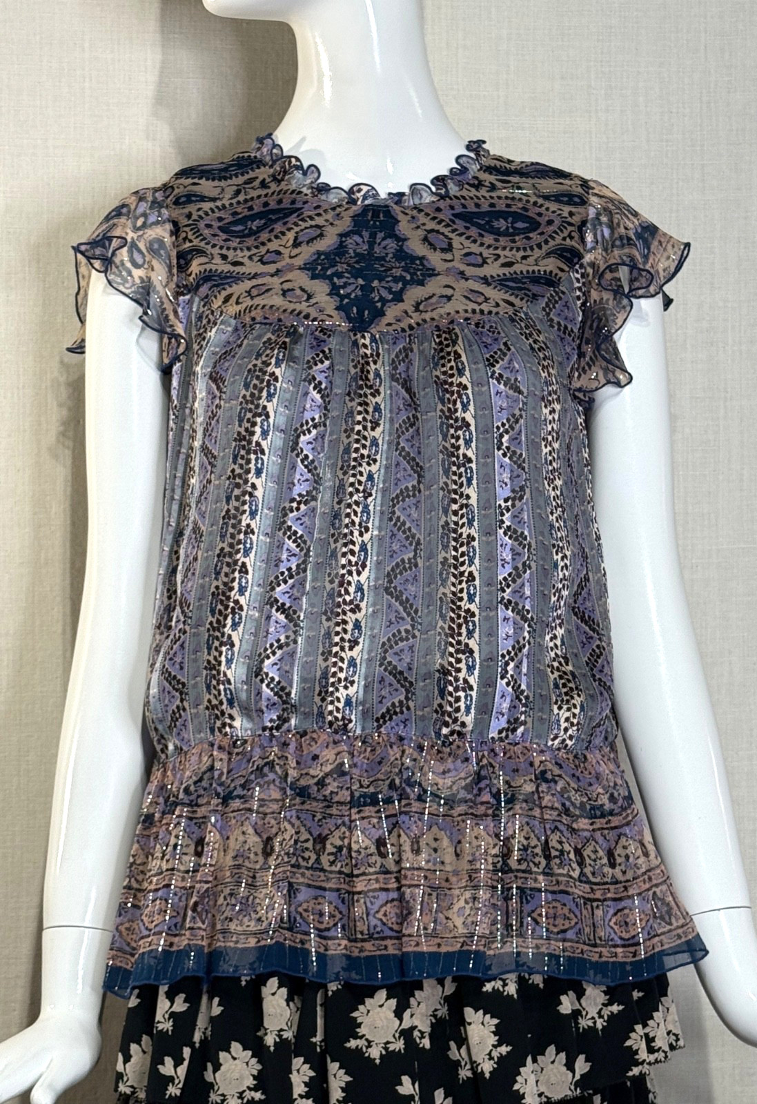Spring 2011 Anna Sui Sheer SILK Cap Sleeve Blouse Size 8, Metallic Paisley NWT Spring 2011 Anna Sui Sheer SILK Cap Sleeve Blouse Size 8, Metallic Paisley NWT