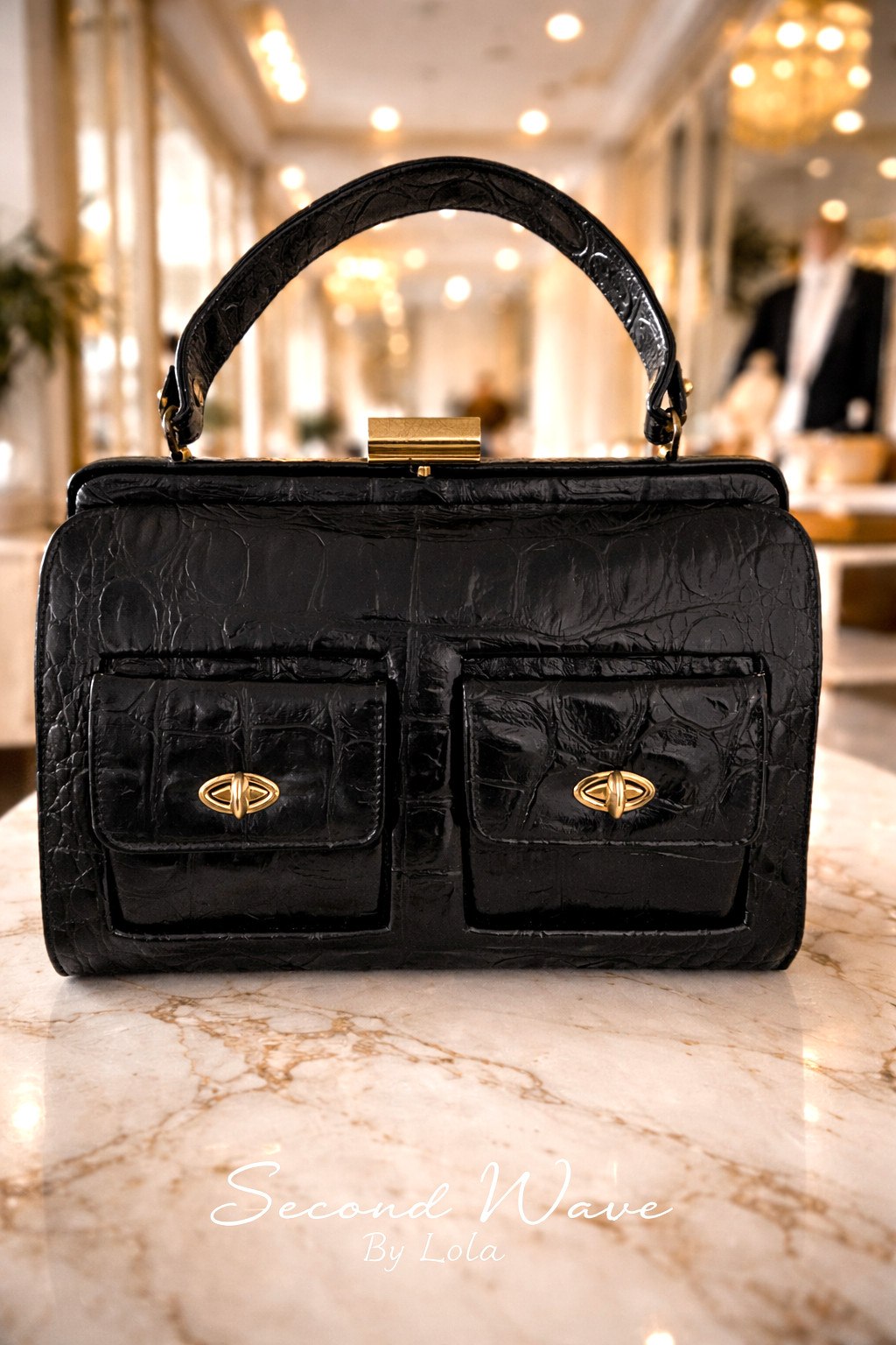 Vintage Triangle New York Black Croc Embossed Top Handle Handbag – Classic Struc Vintage Triangle New York Black Croc Embossed Top Handle Handbag – Classic Struc