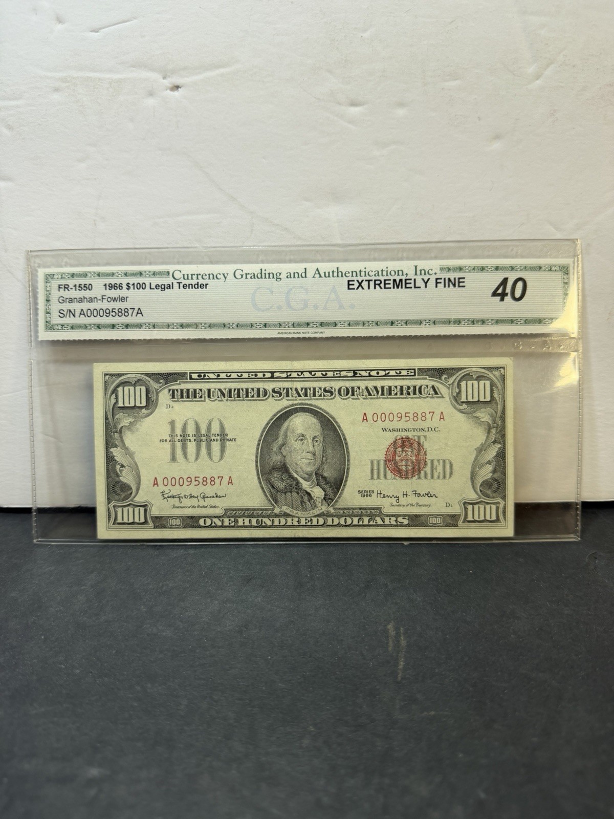 C.G.A 1966 $100 Legal Tender Note Grade 40 Circulated C.G.A 1966 $100 Legal Tender Note Grade 40 Circulated