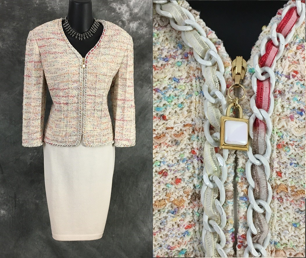 BEAUTIFUL st john couture knit ivory multi jacket skirt suit size 4 6