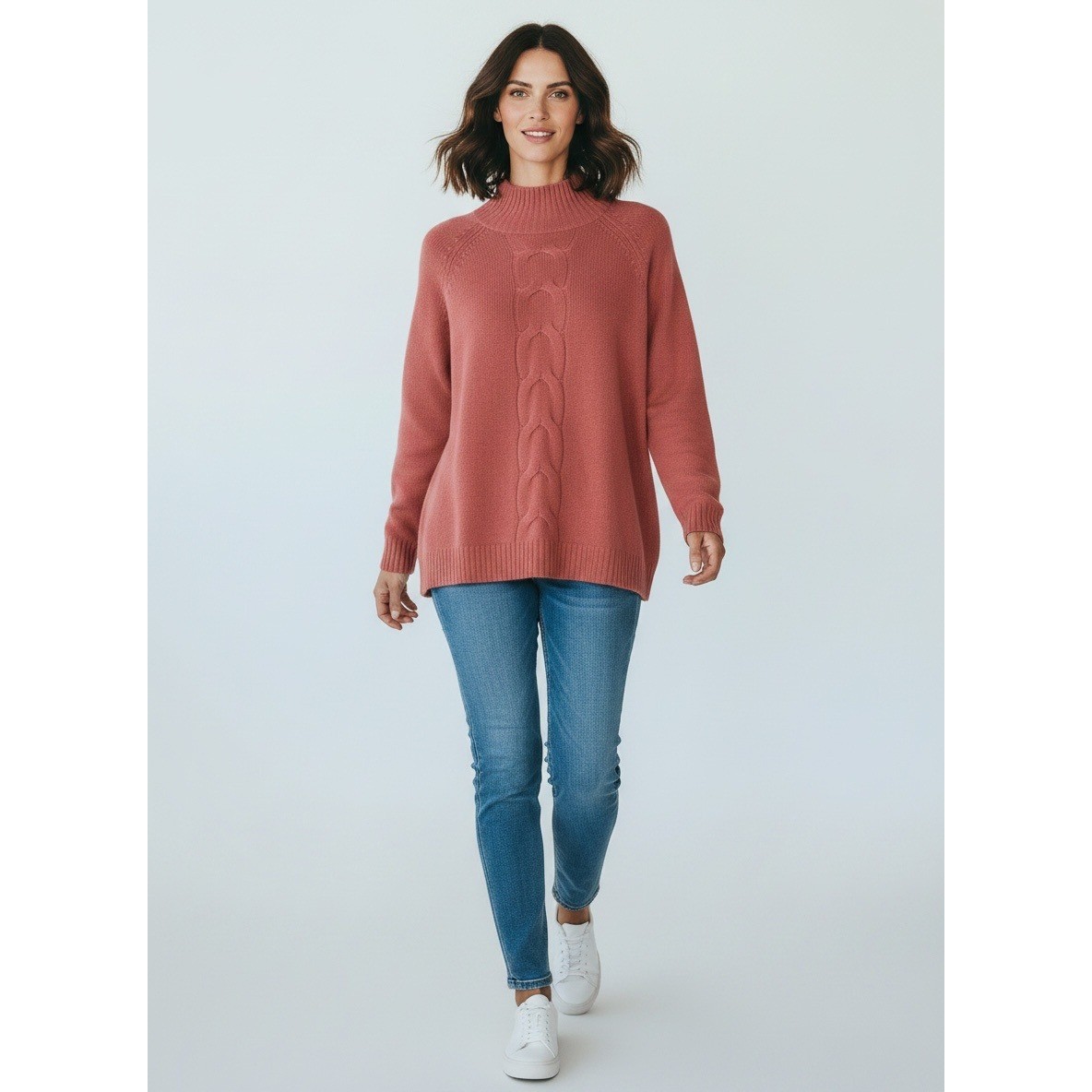 Garnet Hill 100% Cashmere Cable Knit Mock Neck Sweater Terracotta Pink Large NWT
