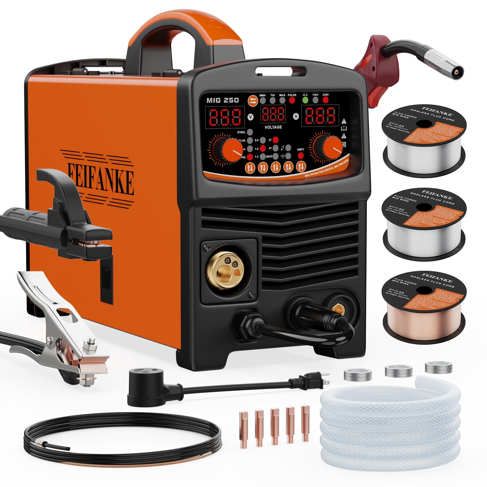 250A Aluminum MIG Welder 110V/220V, 6 IN 1 Gas MIG/Gasless MIG/Stick/Lift TIG